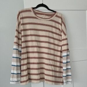 We The Free Striped Tee in Beige with Rust & Teal Trim